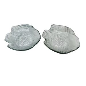 Vintage Light‎ Green Textured Glass Fish Shaped Bowls Plates Set of 2 Seafoam